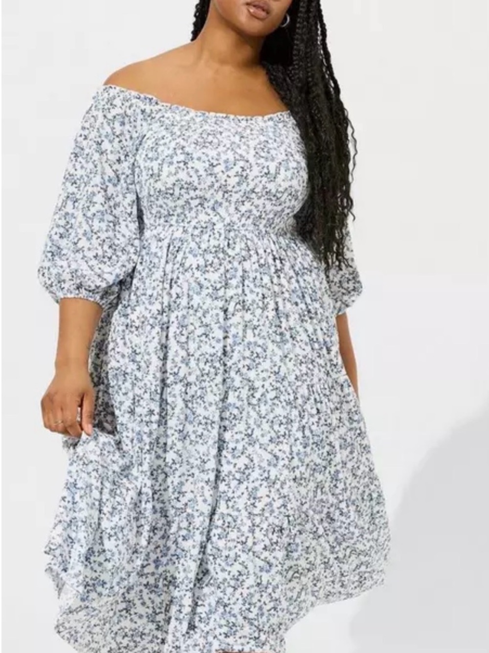 Torrid Light Blue Floral off the Shoulder Midi Dress